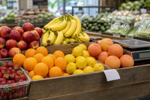 Fresh fruit display with apples, bananas, citrus, strawberries, and a grocery scale