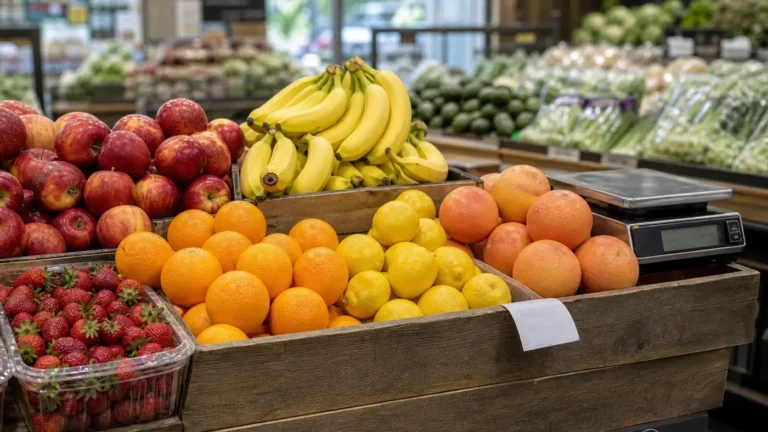 Fresh fruit display with apples, bananas, citrus, strawberries, and a grocery scale