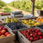 Crates of apples, grapes, strawberries, citrus fruit, pears, peaches, and blueberries in an orchard packing area