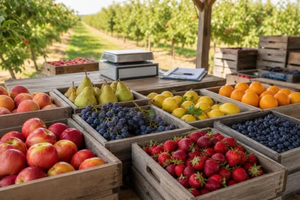 Crates of apples, grapes, strawberries, citrus fruit, pears, peaches, and blueberries in an orchard packing area