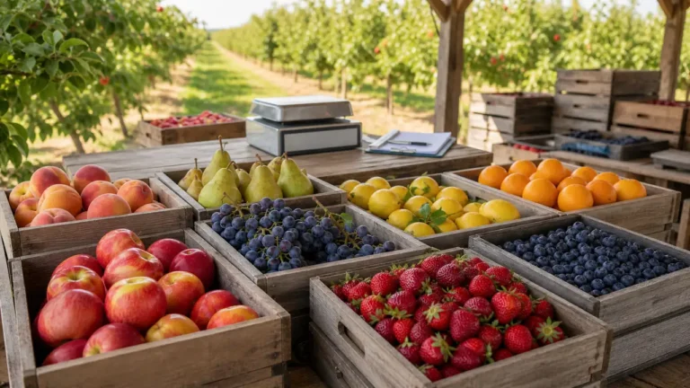 Crates of apples, grapes, strawberries, citrus fruit, pears, peaches, and blueberries in an orchard packing area