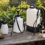 Unbranded garden sprayer types on a potting bench beside raised garden beds