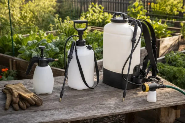 Unbranded garden sprayer types on a potting bench beside raised garden beds