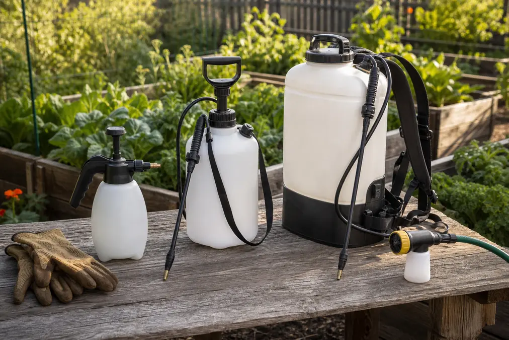Unbranded garden sprayer types on a potting bench beside raised garden beds