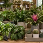 Retail houseplant display with pothos, philodendron, peace lily, bromeliad, succulents, and plant care tools