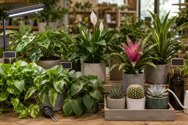 Retail houseplant display with pothos, philodendron, peace lily, bromeliad, succulents, and plant care tools