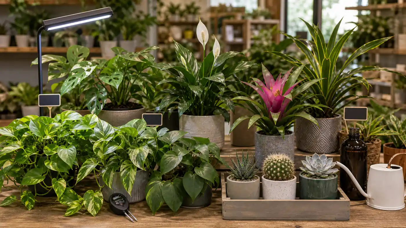 Retail houseplant display with pothos, philodendron, peace lily, bromeliad, succulents, and plant care tools