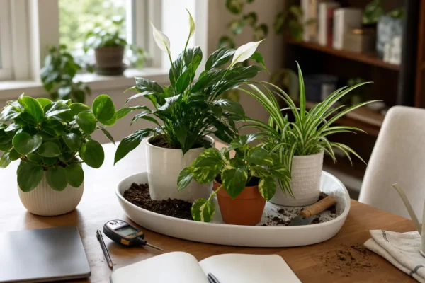 Indoor plant care scene with pothos, spider plant, peace lily, peperomia, notebook, and moisture meter