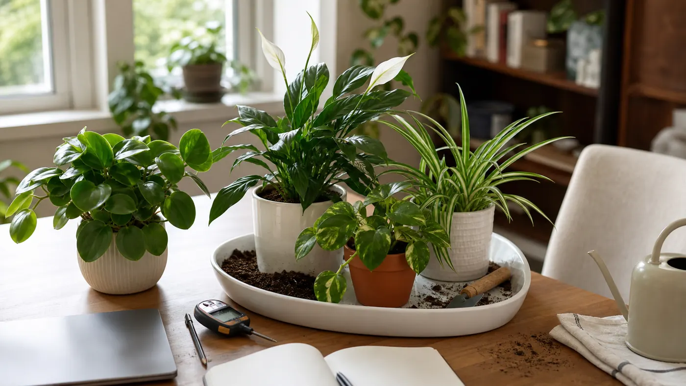 Indoor plant care scene with pothos, spider plant, peace lily, peperomia, notebook, and moisture meter