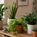 Low-maintenance houseplants including ZZ plant, snake plant, pothos, dracaena, succulent, moisture meter, and watering can