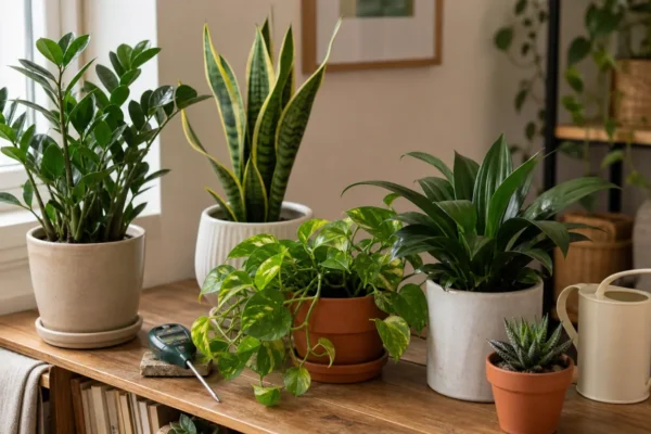Low-maintenance houseplants including ZZ plant, snake plant, pothos, dracaena, succulent, moisture meter, and watering can