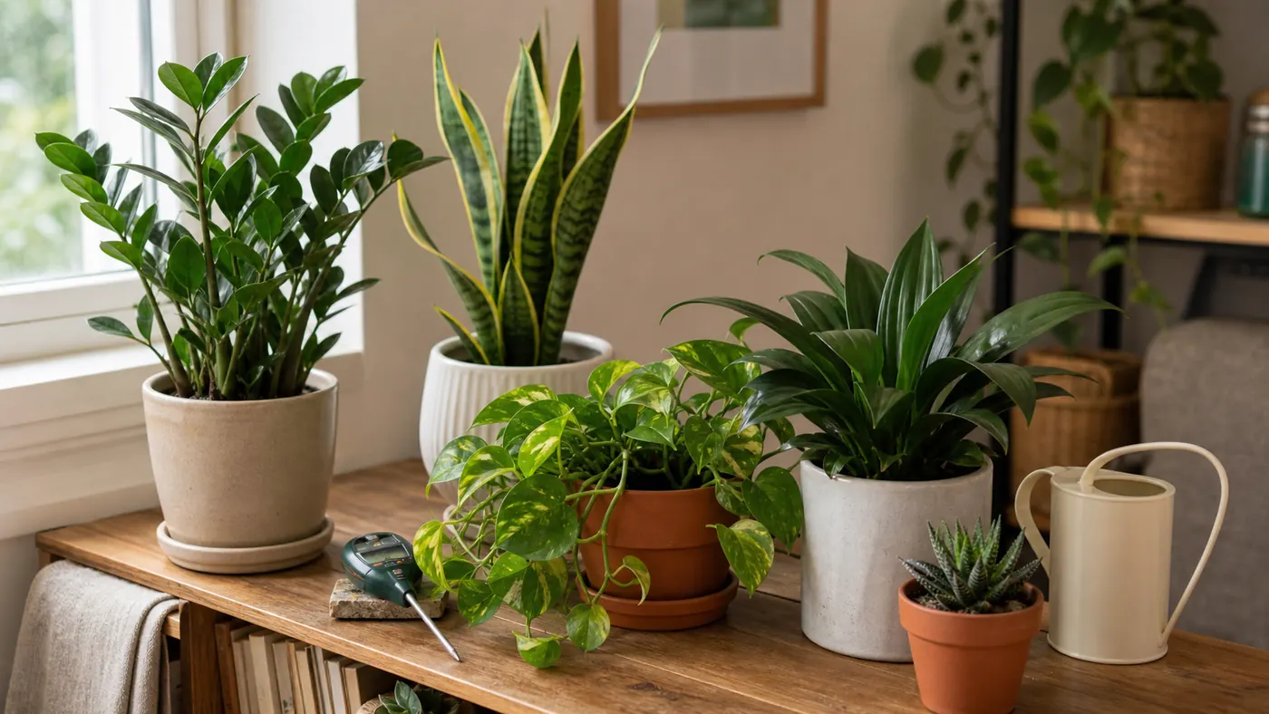 Low-maintenance houseplants including ZZ plant, snake plant, pothos, dracaena, succulent, moisture meter, and watering can