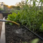 Early morning watering at the root zone in a raised vegetable garden