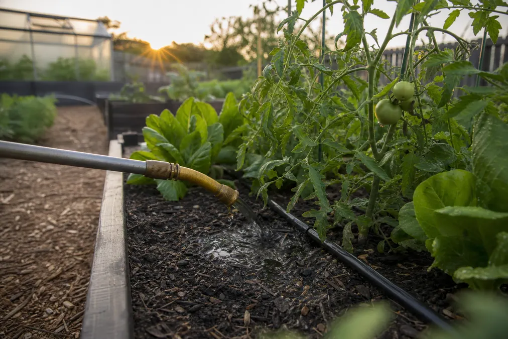 Early morning watering at the root zone in a raised vegetable garden