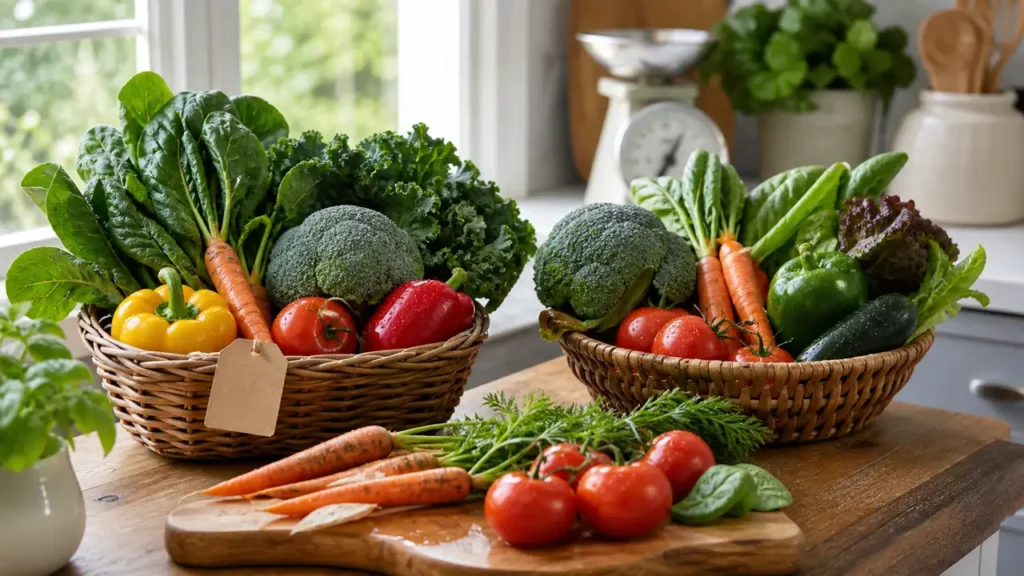 Two baskets of fresh vegetables on a kitchen counter for comparing organic and non-organic nutrition