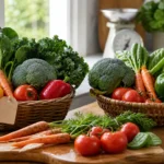 Two baskets of fresh vegetables on a kitchen counter for comparing organic and non-organic nutrition