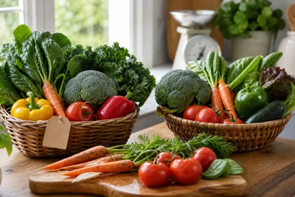 Two baskets of fresh vegetables on a kitchen counter for comparing organic and non-organic nutrition