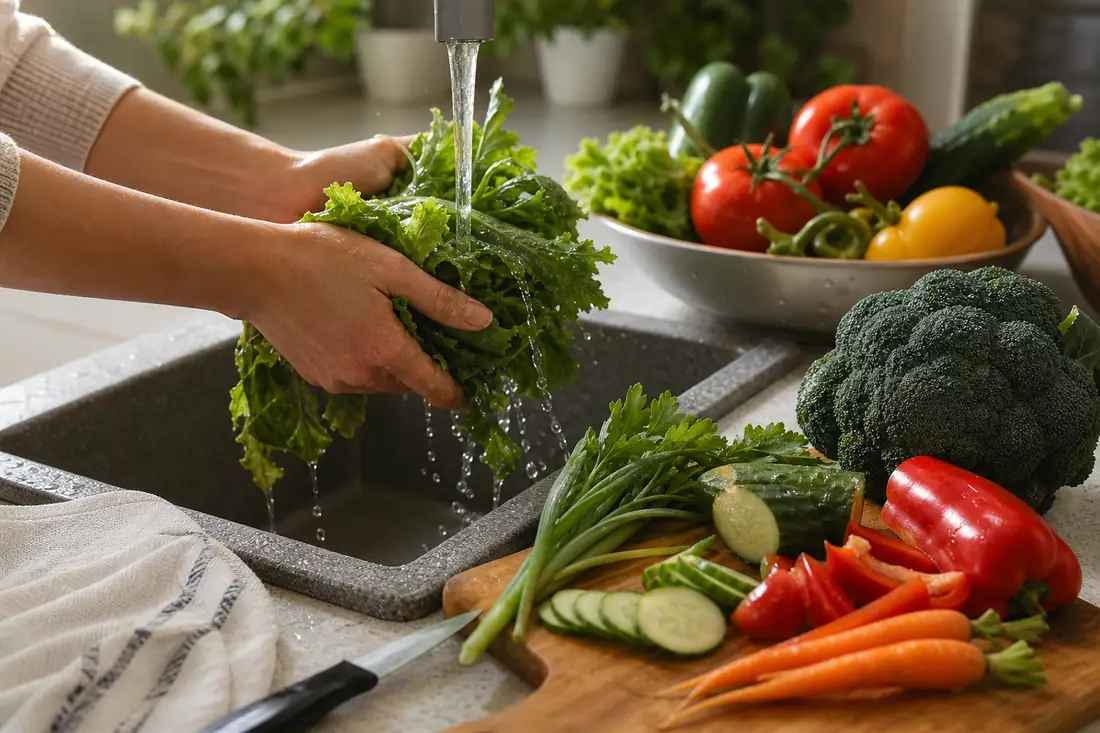 Fresh vegetables being rinsed and prepared in a home kitchen