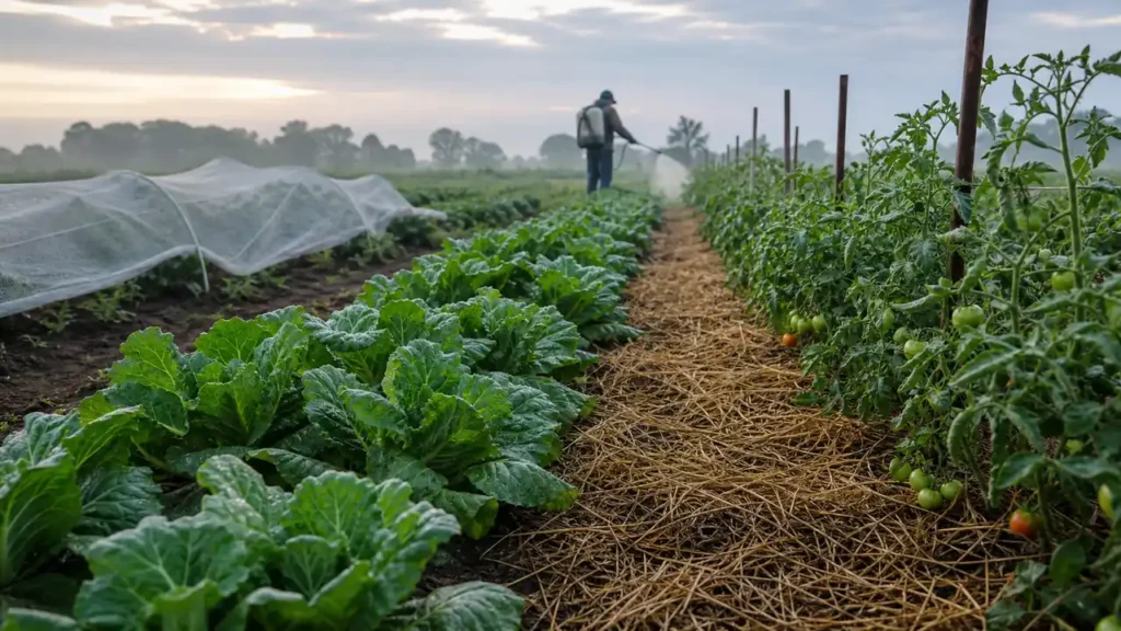 Vegetable farm rows showing pest prevention netting and a distant sprayer