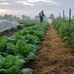 Vegetable farm rows showing pest prevention netting and a distant sprayer