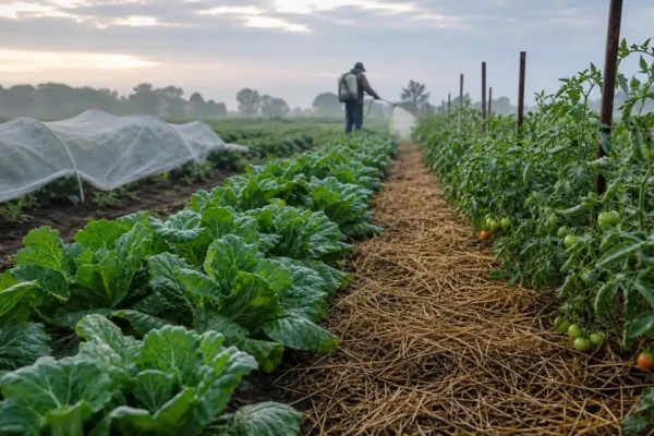 Vegetable farm rows showing pest prevention netting and a distant sprayer