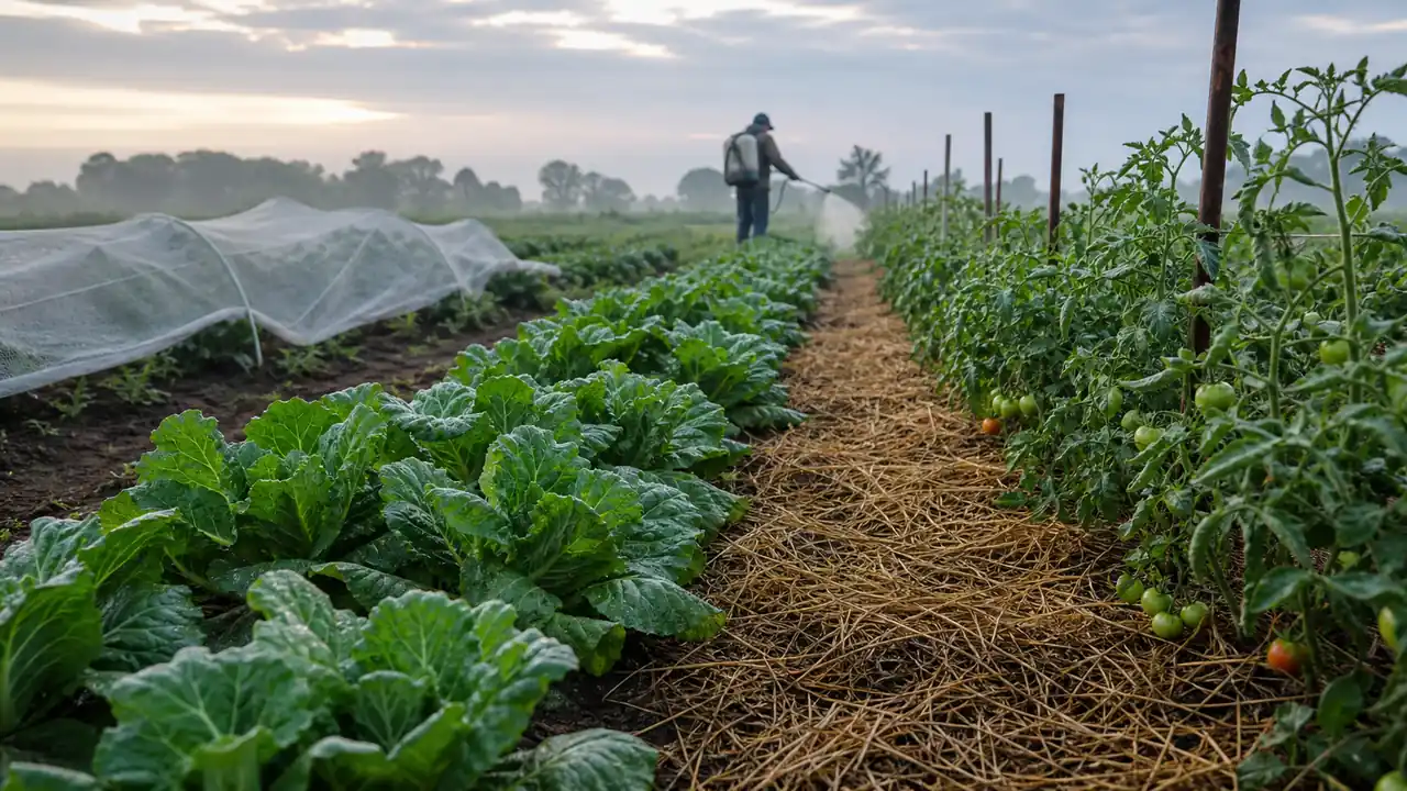 Vegetable farm rows showing pest prevention netting and a distant sprayer