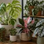 Rare houseplant collection with variegated monstera, pink philodendron, silver alocasia, crested euphorbia, and trailing string of turtles