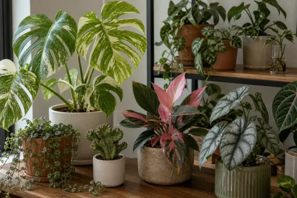 Rare houseplant collection with variegated monstera, pink philodendron, silver alocasia, crested euphorbia, and trailing string of turtles