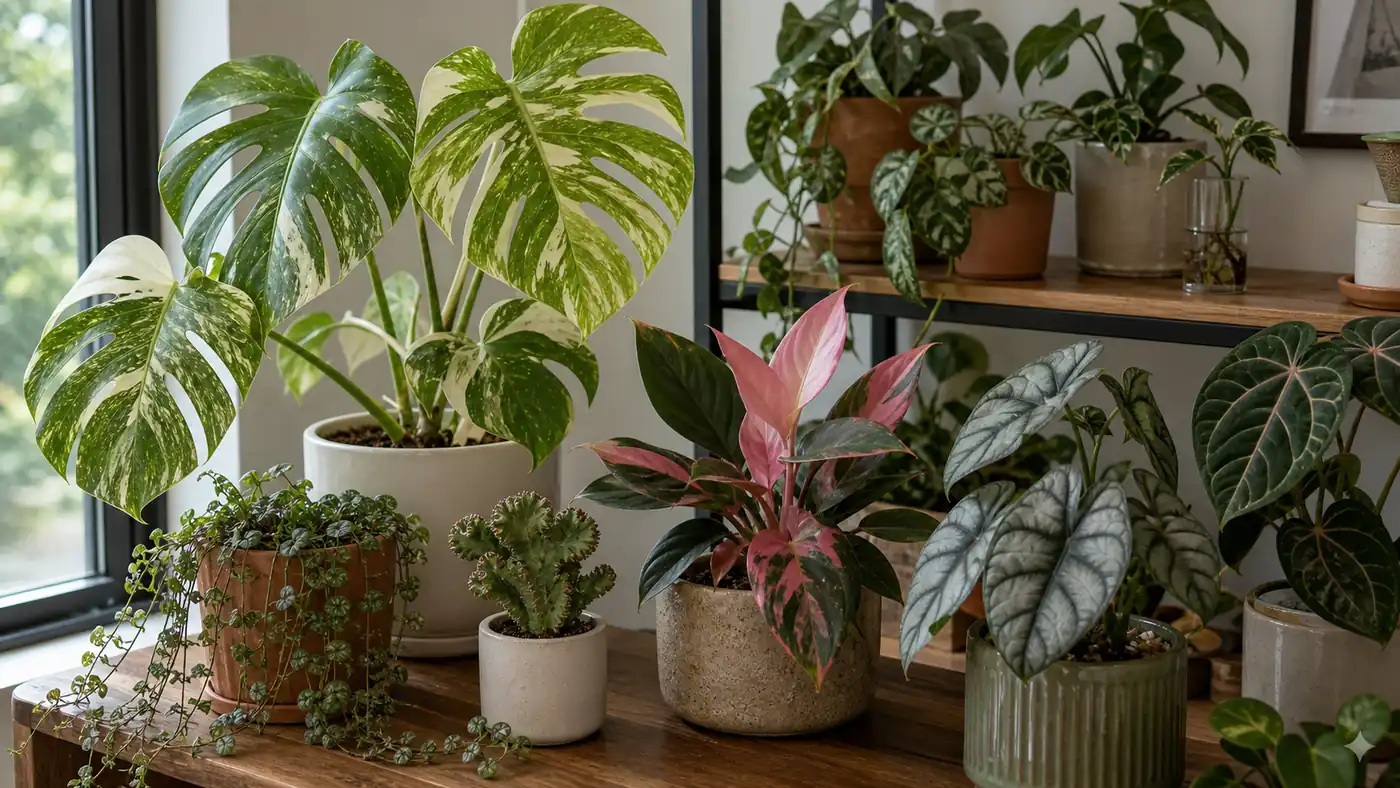 Rare houseplant collection with variegated monstera, pink philodendron, silver alocasia, crested euphorbia, and trailing string of turtles