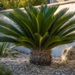 Sago palm cycad with stiff glossy fronds in a warm garden bed