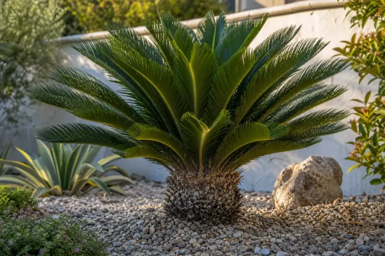 Sago palm cycad with stiff glossy fronds in a warm garden bed