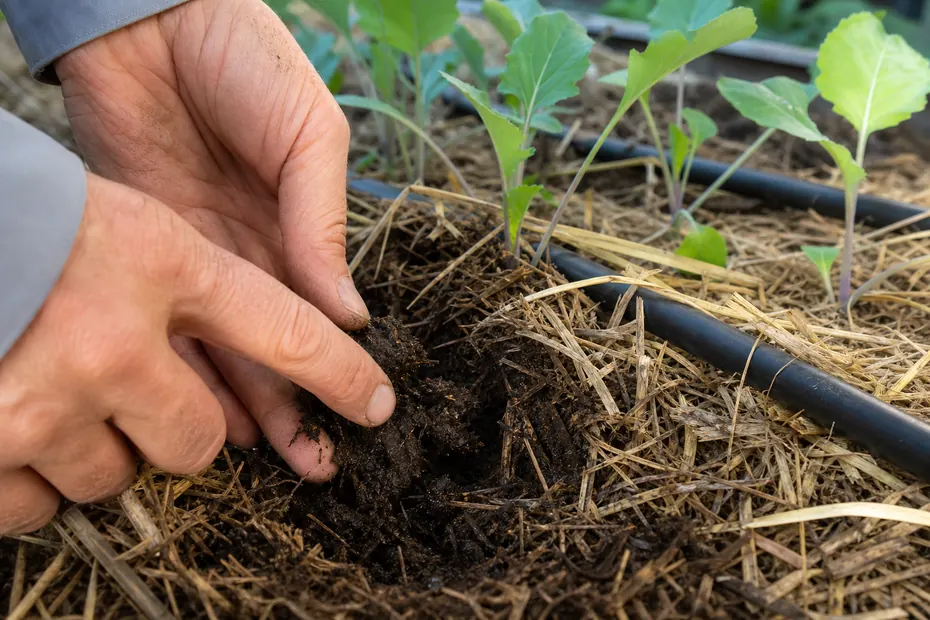 Checking garden soil moisture below straw mulch near drip tubing