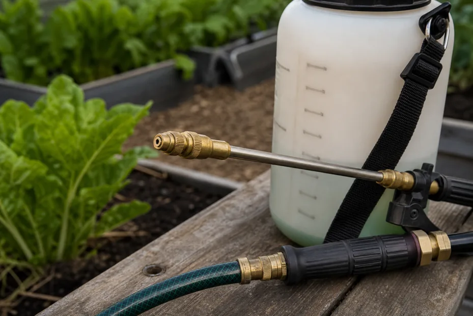 Close-up of garden sprayer nozzle, wand, hose connection, and tank