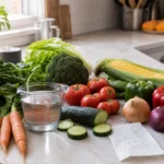 Vegetables, measuring cup, and grocery receipt on a kitchen counter showing vegetable consumption statistics