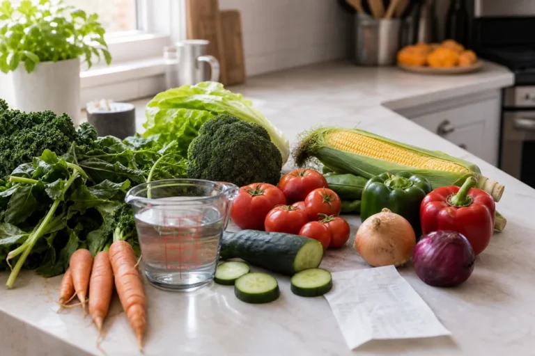 Vegetables, measuring cup, and grocery receipt on a kitchen counter showing vegetable consumption statistics