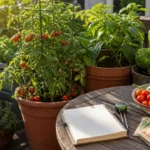 Compact patio vegetable garden with tomatoes, peppers, basil, notebook, and soil moisture meter