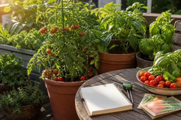 Compact patio vegetable garden with tomatoes, peppers, basil, notebook, and soil moisture meter