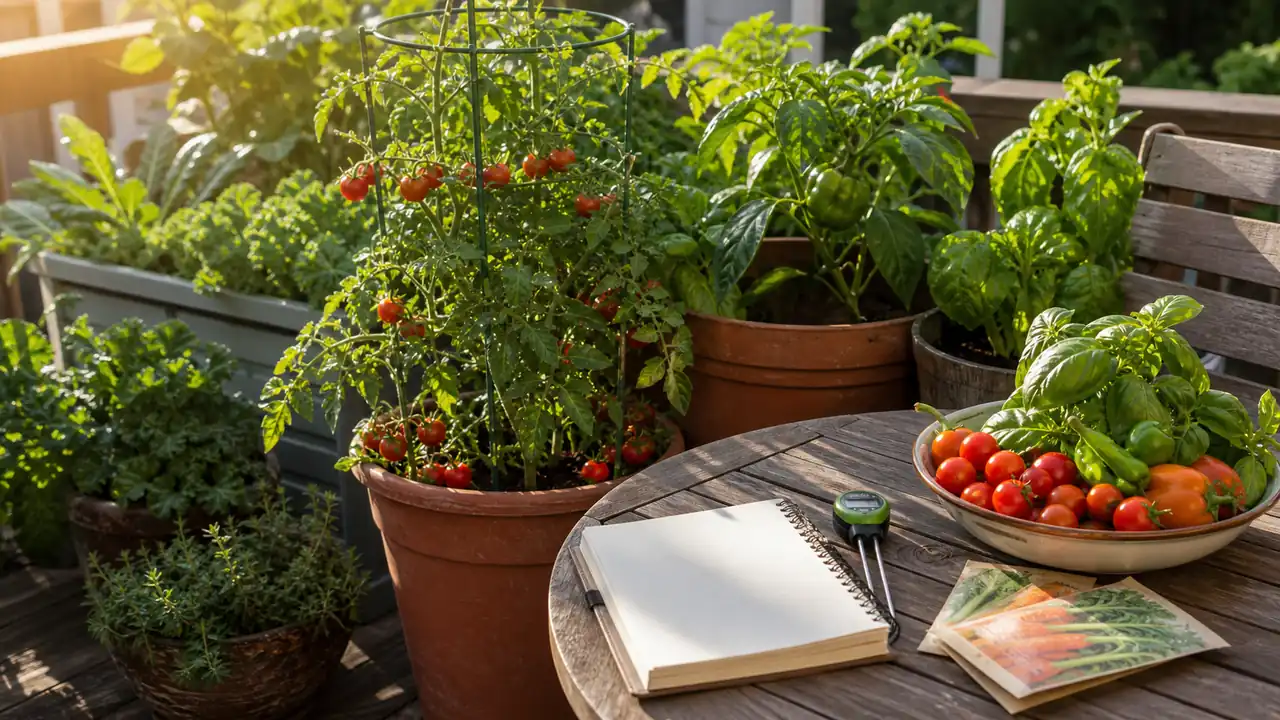Compact patio vegetable garden with tomatoes, peppers, basil, notebook, and soil moisture meter