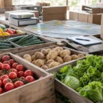 Wooden crates of tomatoes, peppers, cucumbers, potatoes, and lettuce in a produce packing area