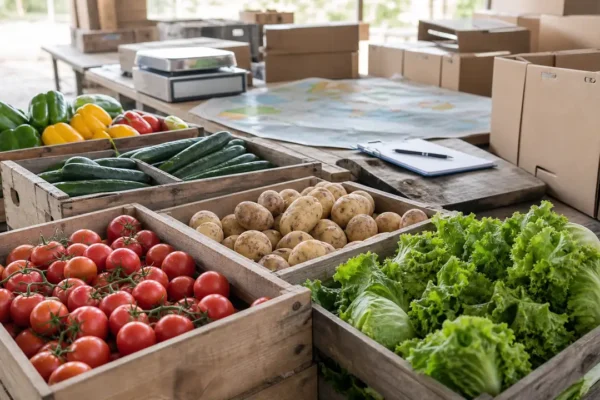 Wooden crates of tomatoes, peppers, cucumbers, potatoes, and lettuce in a produce packing area