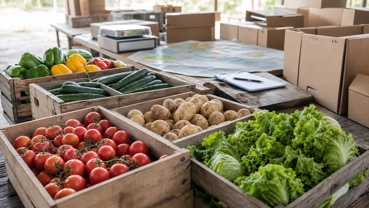 Wooden crates of tomatoes, peppers, cucumbers, potatoes, and lettuce in a produce packing area