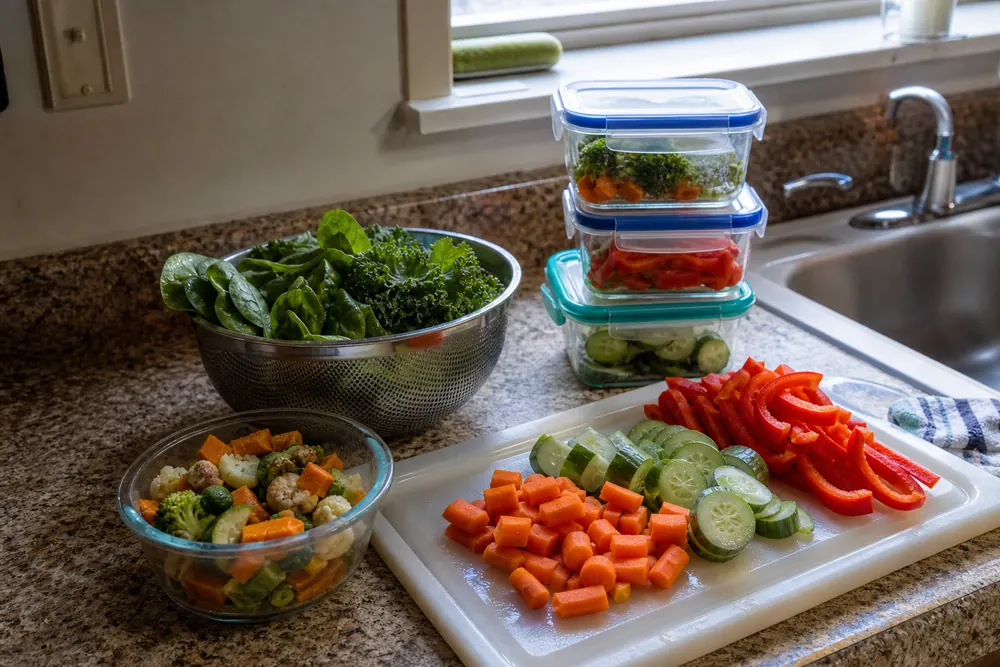 Meal prep containers with greens, carrots, cucumbers, and peppers showing vegetable intake statistics in daily routines