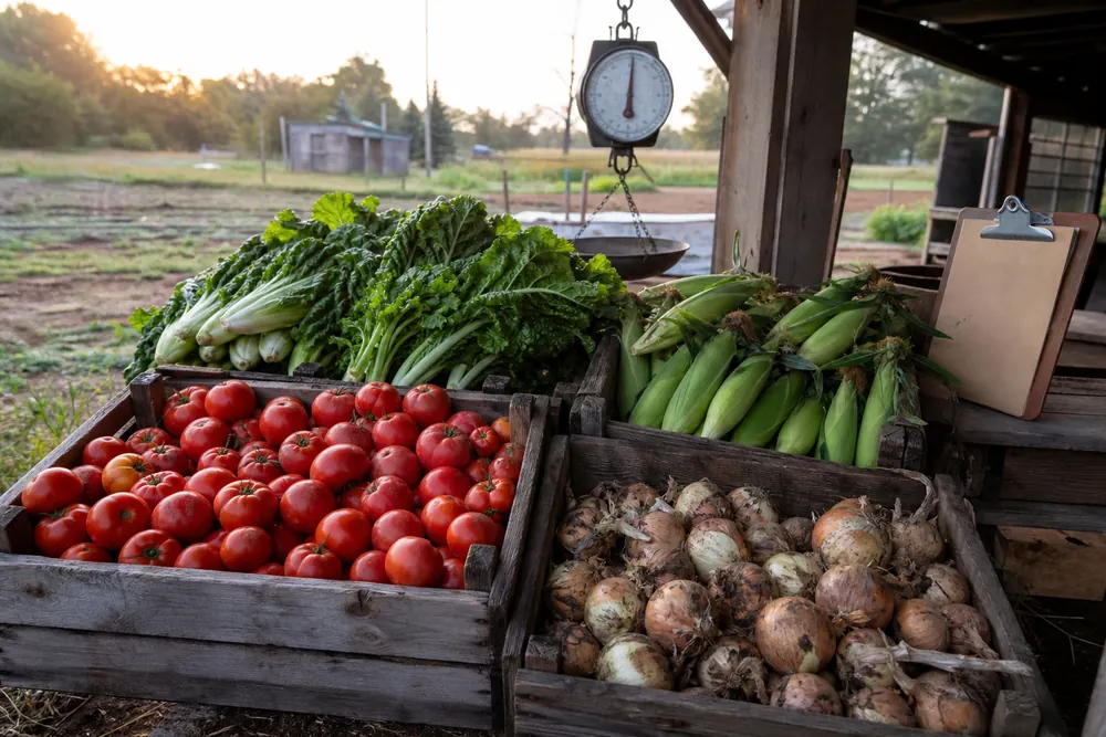 Harvest crates of tomatoes, onions, sweet corn, and greens showing vegetable production statistics context