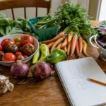 Fresh vegetables on a table with a notebook showing vegetable statistics context for production, prices, and intake