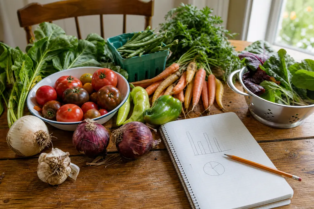 Fresh vegetables on a table with a notebook showing vegetable statistics context for production, prices, and intake