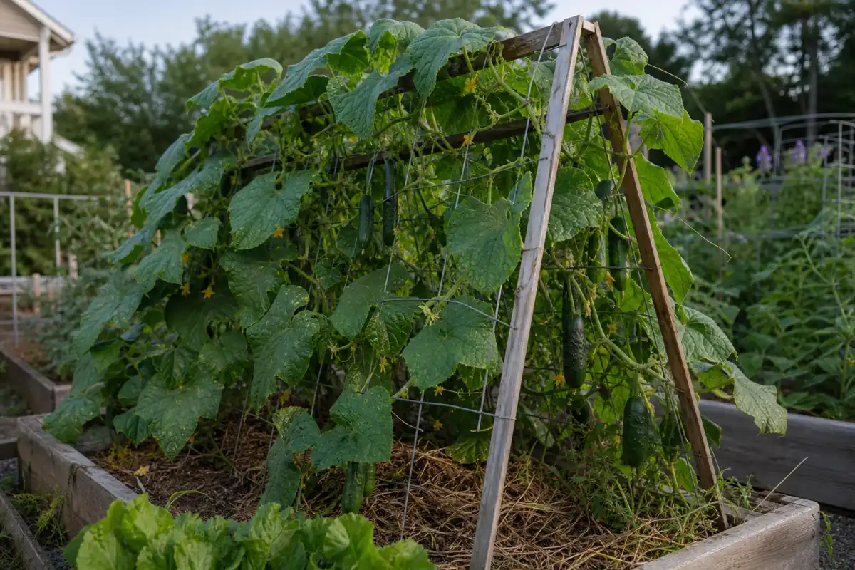 A-frame cucumber trellis in a raised bed with vines climbing both sides