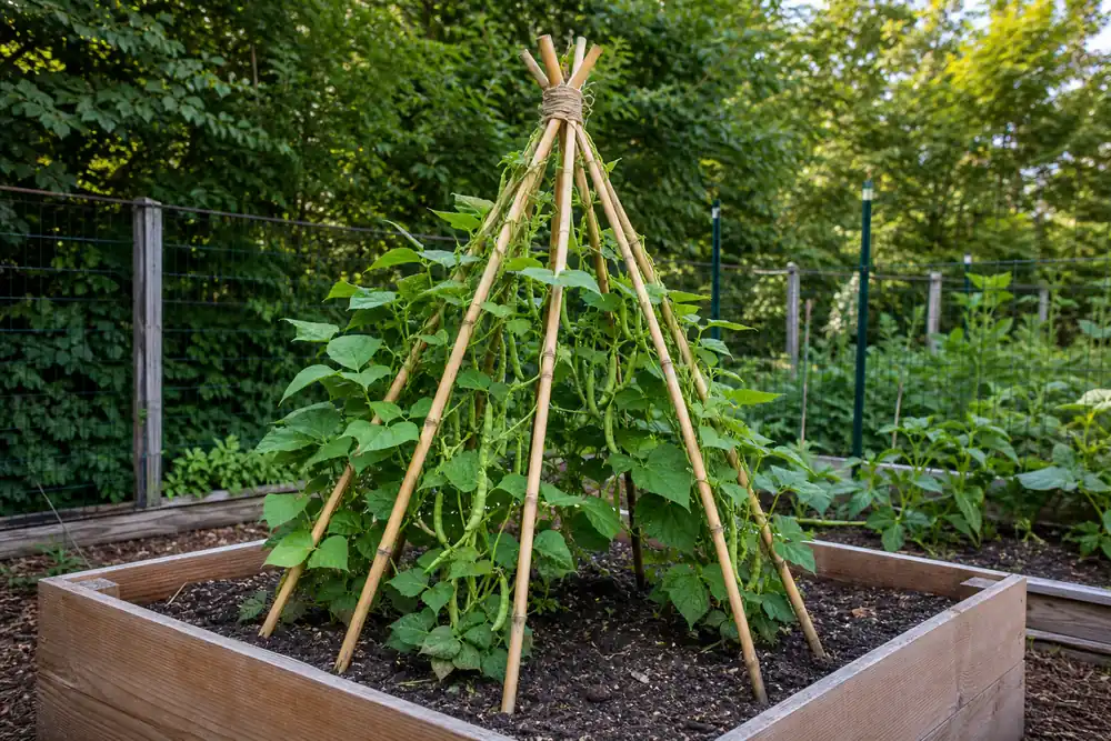 Bamboo teepee trellis with pole bean vines climbing the legs
