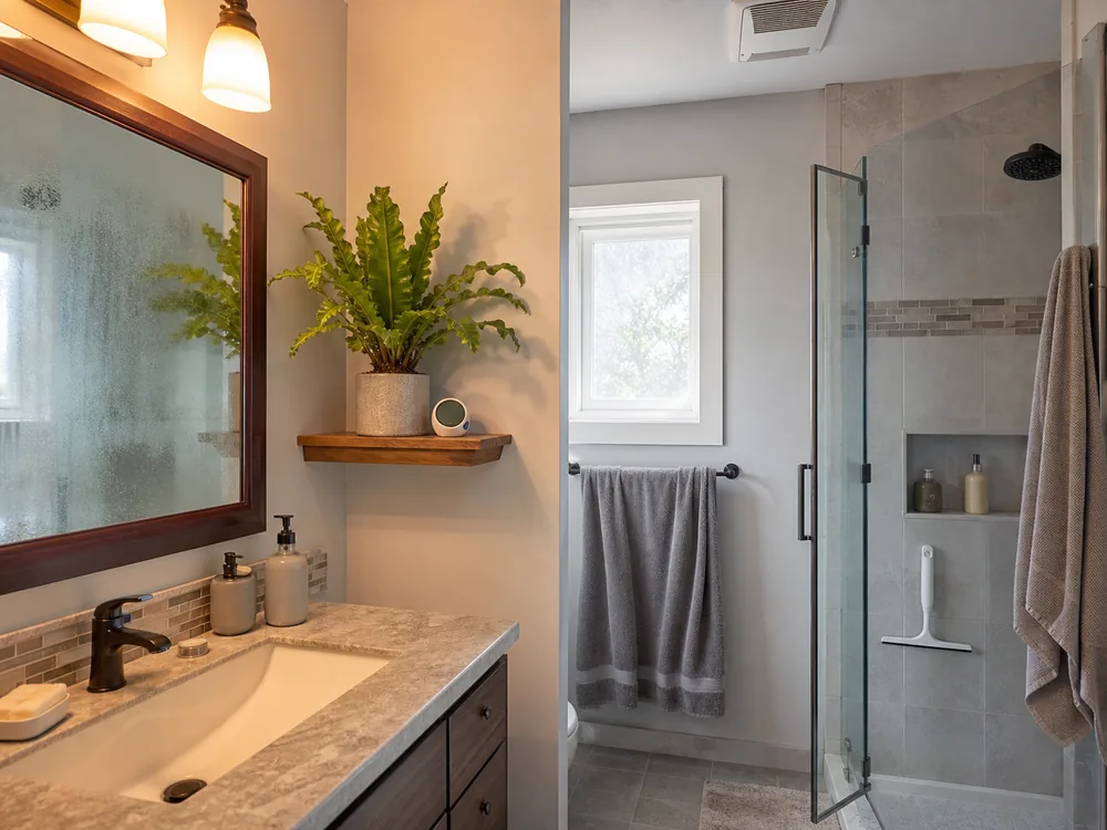Bathroom plant placed with ventilation, towel drying space, and shower moisture control