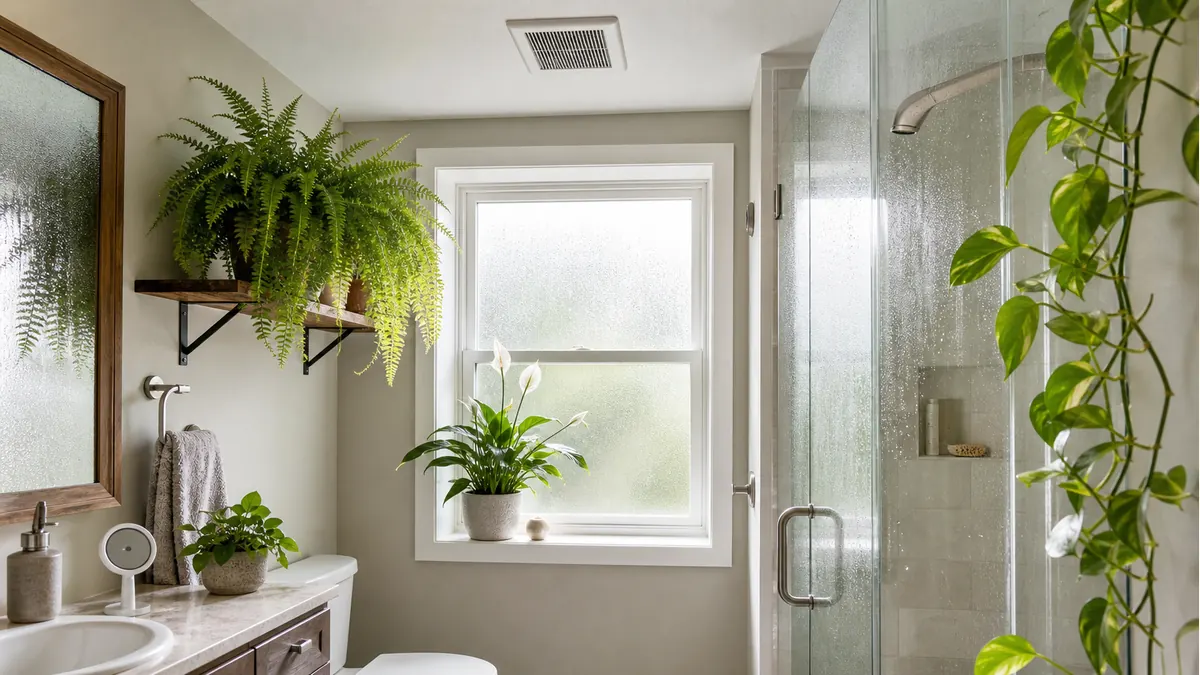 Humidity tolerant bathroom plants with condensation and ventilation