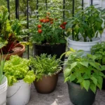 Container vegetable garden with lettuce, tomatoes, peppers, beans, and herbs in pots